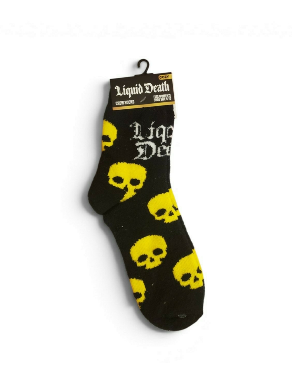 Gothic liquid Death crew socks are black with yellow skull patterns. New